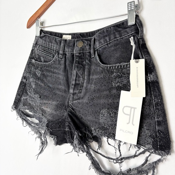 NEW The Devon Rhinestone Distressed Denim Shorts by Pilcro Black Size 28 - Picture 2 of 7